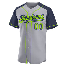 Load image into Gallery viewer, Custom Gray Neon Green-Navy Authentic Raglan Sleeves Baseball Jersey
