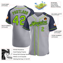 Load image into Gallery viewer, Custom Gray Neon Green-Navy Authentic Raglan Sleeves Baseball Jersey

