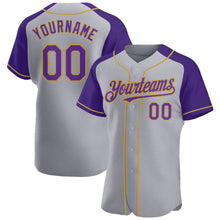 Load image into Gallery viewer, Custom Gray Purple-Old Gold Authentic Raglan Sleeves Baseball Jersey
