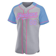 Load image into Gallery viewer, Custom Gray Light Blue-Pink Authentic Raglan Sleeves Baseball Jersey
