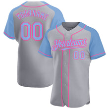 Load image into Gallery viewer, Custom Gray Light Blue-Pink Authentic Raglan Sleeves Baseball Jersey
