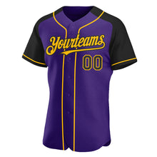 Load image into Gallery viewer, Custom Purple Black-Gold Authentic Raglan Sleeves Baseball Jersey
