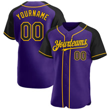 Load image into Gallery viewer, Custom Purple Black-Gold Authentic Raglan Sleeves Baseball Jersey
