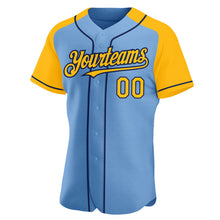 Load image into Gallery viewer, Custom Light Blue Gold-Navy Authentic Raglan Sleeves Baseball Jersey
