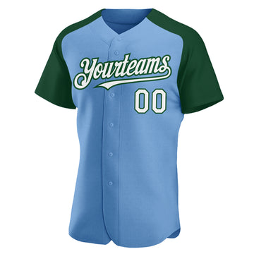 Custom Light Blue White-Green Authentic Raglan Sleeves Baseball Jersey