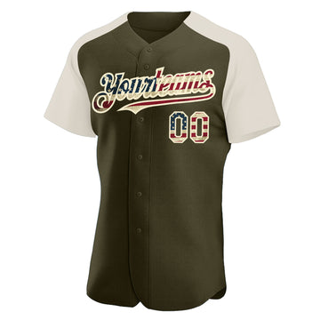Custom Olive Vintage USA Flag-Cream Authentic Raglan Sleeves Salute To Service Baseball Jersey