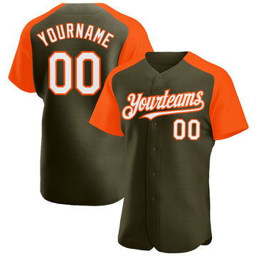 Custom Olive White-Orange Authentic Raglan Sleeves Salute To Service Baseball Jersey