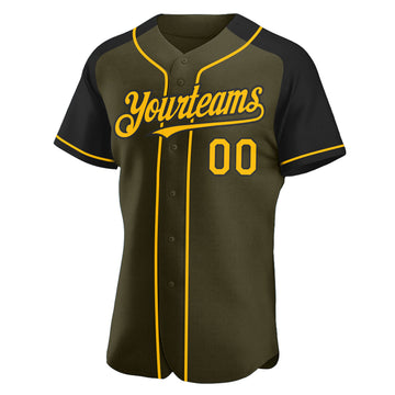Custom Olive Gold-Black Authentic Raglan Sleeves Salute To Service Baseball Jersey