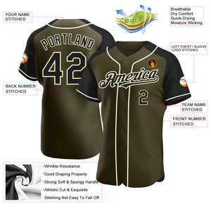 Custom Olive Black-Cream Authentic Raglan Sleeves Salute To Service Baseball Jersey