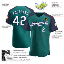 Load image into Gallery viewer, Custom Teal White-Navy Authentic Raglan Sleeves Baseball Jersey
