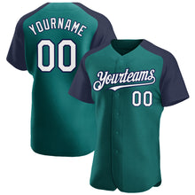 Load image into Gallery viewer, Custom Teal White-Navy Authentic Raglan Sleeves Baseball Jersey
