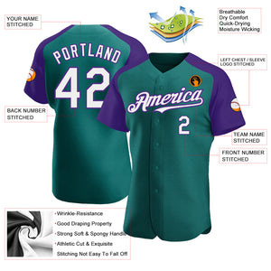 Custom Teal White-Purple Authentic Raglan Sleeves Baseball Jersey