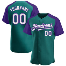 Load image into Gallery viewer, Custom Teal White-Purple Authentic Raglan Sleeves Baseball Jersey
