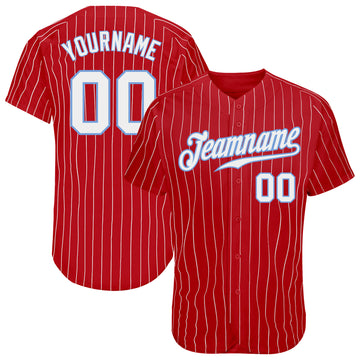 Custom Red White Pinstripe White-Light Blue Authentic Baseball Jersey