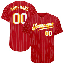 Load image into Gallery viewer, Custom Red Gold Pinstripe White-Gold Authentic Baseball Jersey
