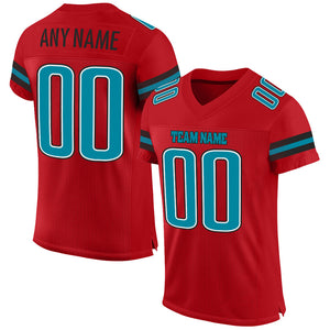Custom Red Teal-Black Mesh Authentic Football Jersey