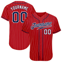 Load image into Gallery viewer, Custom Red White Pinstripe Navy-White Authentic Baseball Jersey
