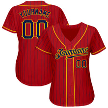 Load image into Gallery viewer, Custom Red Navy Pinstripe Navy-Gold Authentic Baseball Jersey
