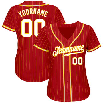 Custom Red Gold Pinstripe White-Gold Authentic Baseball Jersey