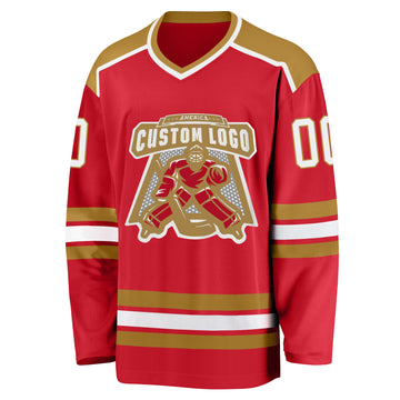 Custom Red White-Old Gold Hockey Jersey