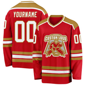 Custom Red White-Old Gold Hockey Jersey