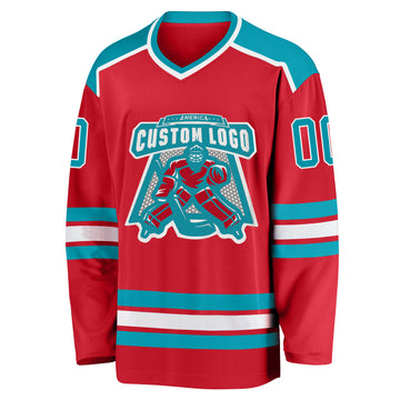 Custom Red Teal-White Hockey Jersey