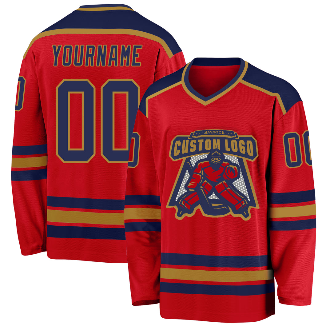 Custom Red Navy-Old Gold Hockey Jersey