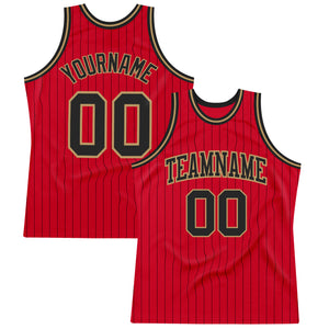 Custom Red Black Pinstripe Black-Old Gold Authentic Basketball Jersey