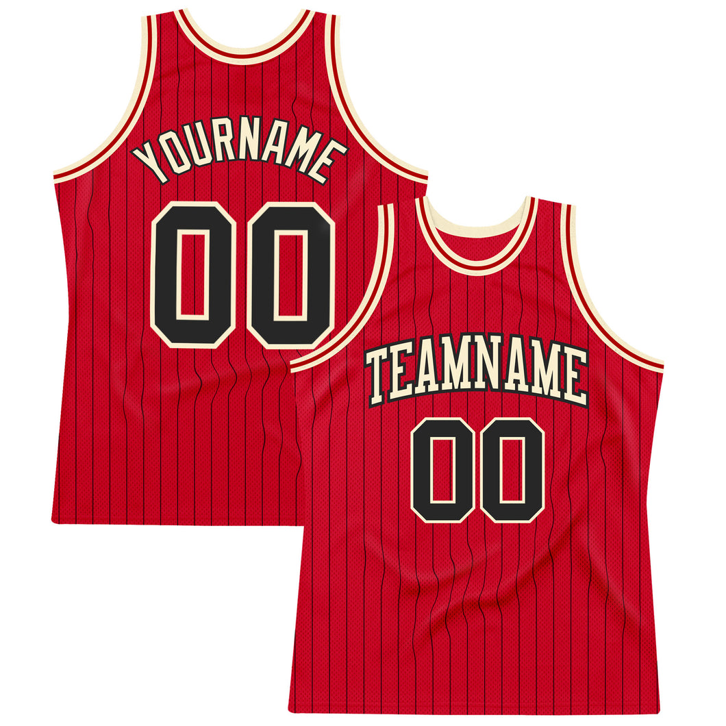 Custom Red Black Pinstripe Black-Cream Authentic Basketball Jersey