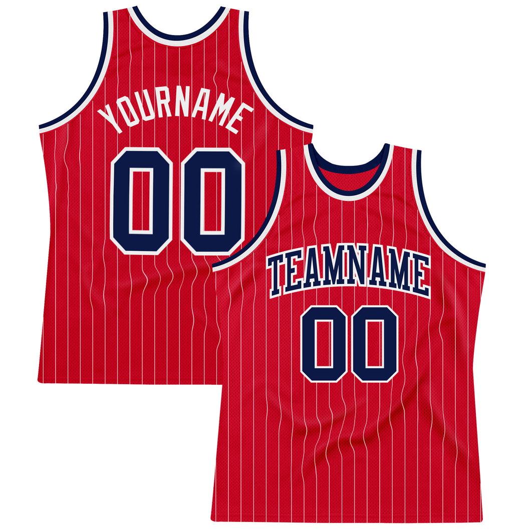 Custom Red White Pinstripe Navy-White Authentic Basketball Jersey