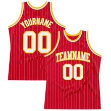 Load image into Gallery viewer, Custom Red White Pinstripe White-Gold Authentic Basketball Jersey
