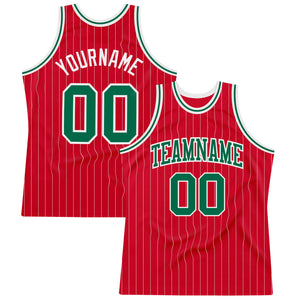 Custom Red White Pinstripe Kelly Green-White Authentic Basketball Jersey