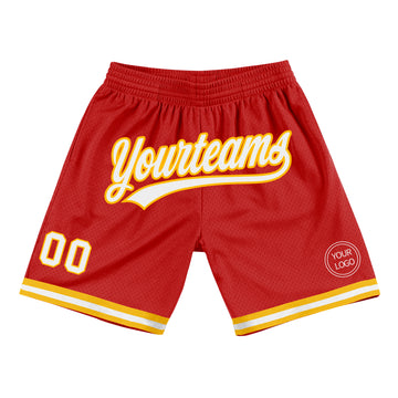 Custom Red White-Gold Authentic Throwback Basketball Shorts