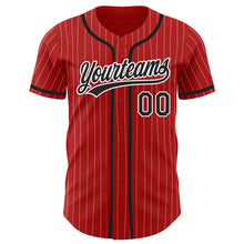 Load image into Gallery viewer, Custom Red White Pinstripe Black Authentic Baseball Jersey
