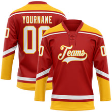 Load image into Gallery viewer, Custom Red White-Gold Hockey Lace Neck Jersey
