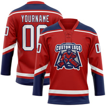 Load image into Gallery viewer, Custom Red White-Navy Hockey Lace Neck Jersey
