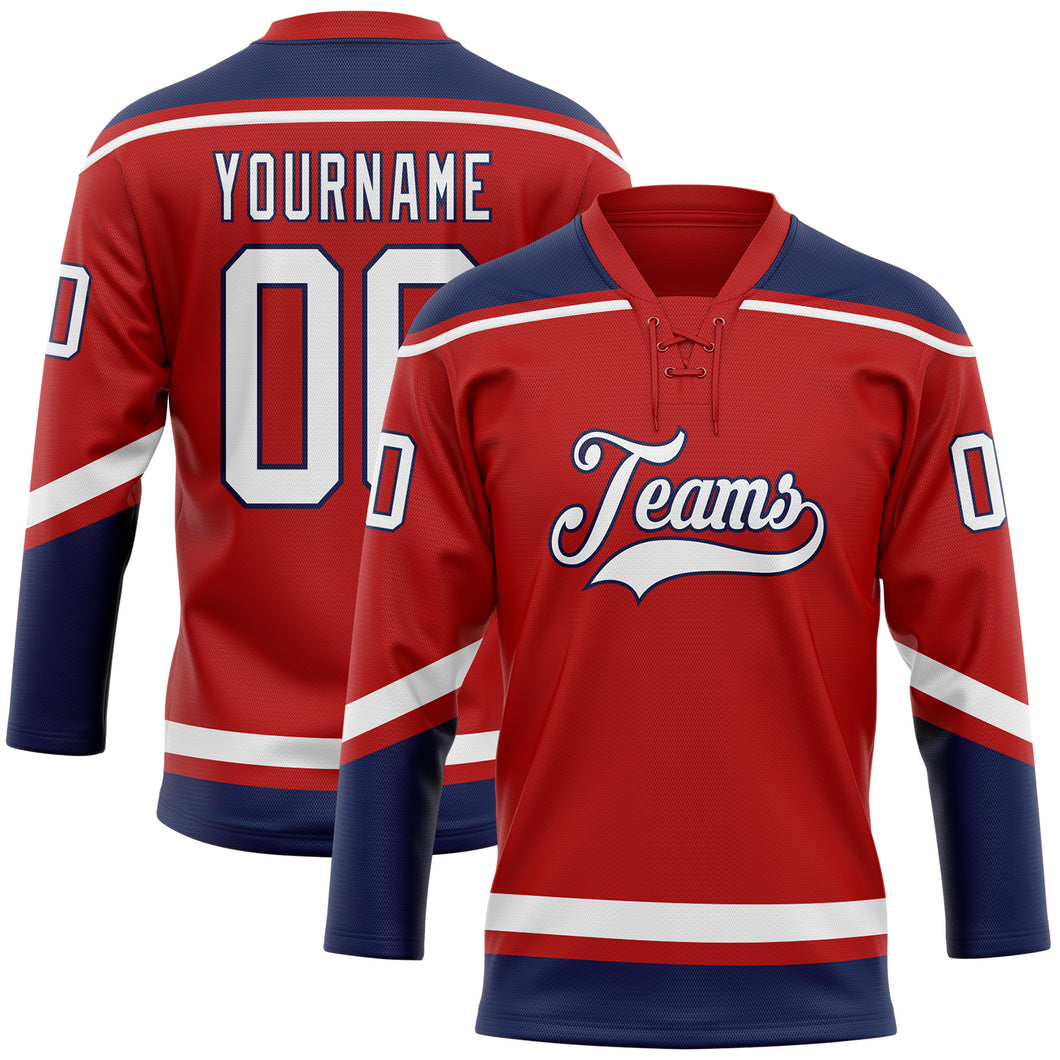 Custom Red White-Navy Hockey Lace Neck Jersey