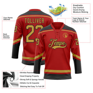 Custom Red Old Gold-Black Hockey Lace Neck Jersey