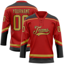 Load image into Gallery viewer, Custom Red Old Gold-Black Hockey Lace Neck Jersey
