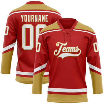 Custom Red White-Old Gold Hockey Lace Neck Jersey