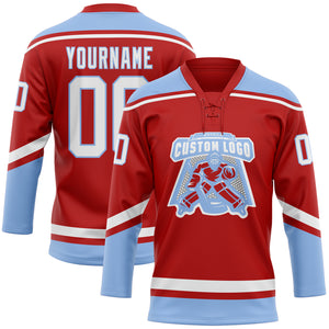 Custom Red White-Light Blue Hockey Lace Neck Jersey