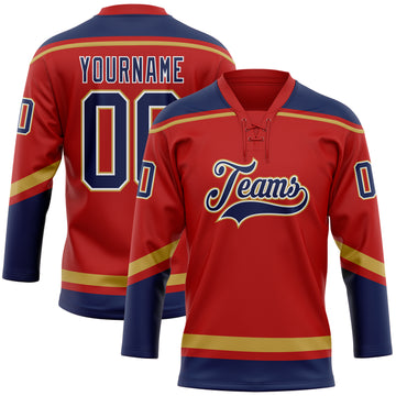 Custom Red Navy-Old Gold Hockey Lace Neck Jersey