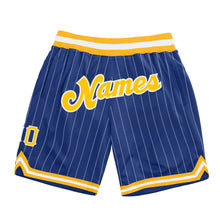 Load image into Gallery viewer, Custom Royal White Pinstripe Gold-White Authentic Basketball Shorts
