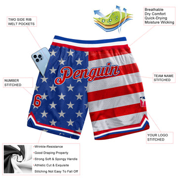 Custom Royal Red-White 3D Pattern Design American Flag Authentic Basketball Shorts