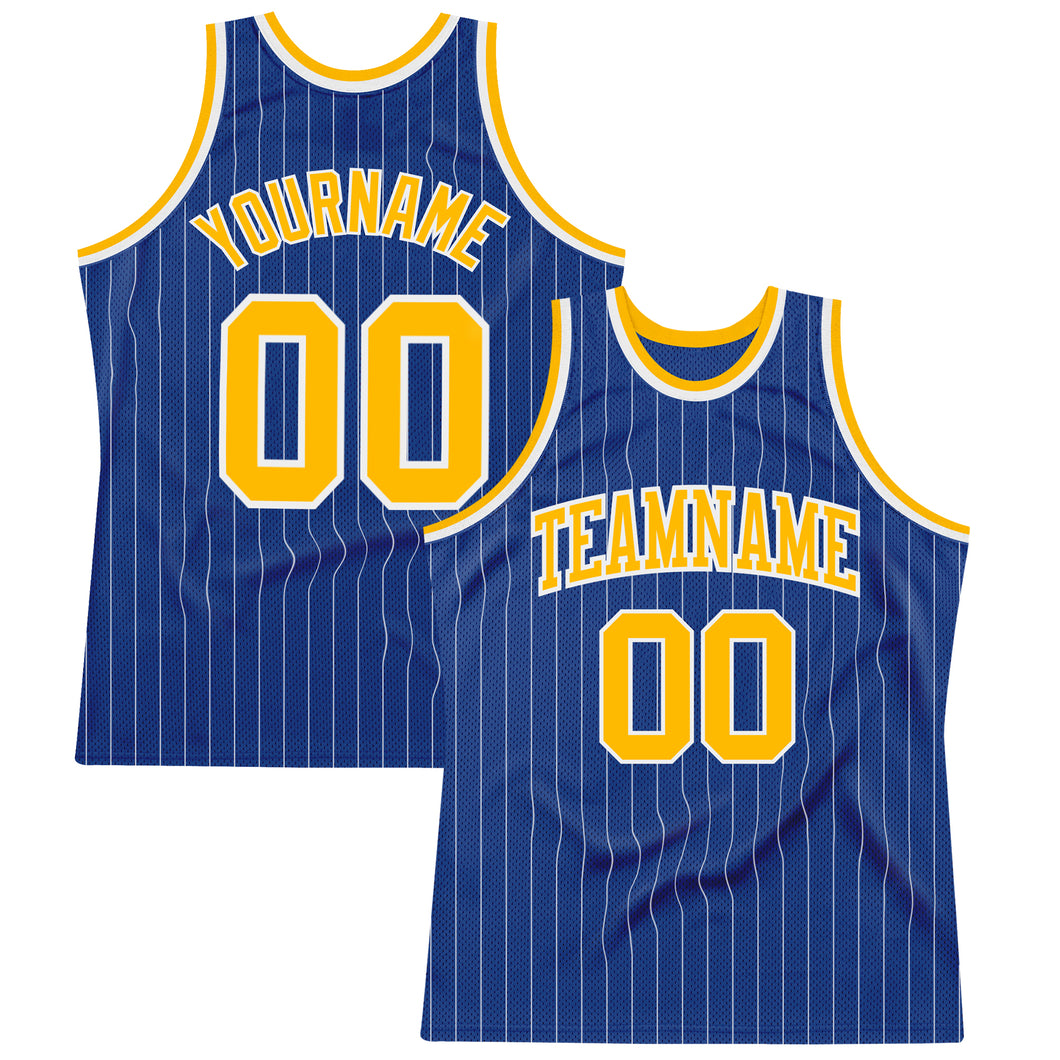 Custom Royal White Pinstripe Gold-White Authentic Basketball Jersey