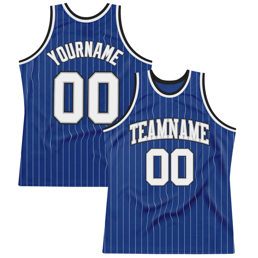 Custom Royal White Pinstripe White Gray-Black Authentic Basketball Jersey