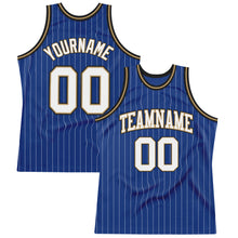 Load image into Gallery viewer, Custom Royal White Pinstripe White Old Gold-Black Authentic Basketball Jersey
