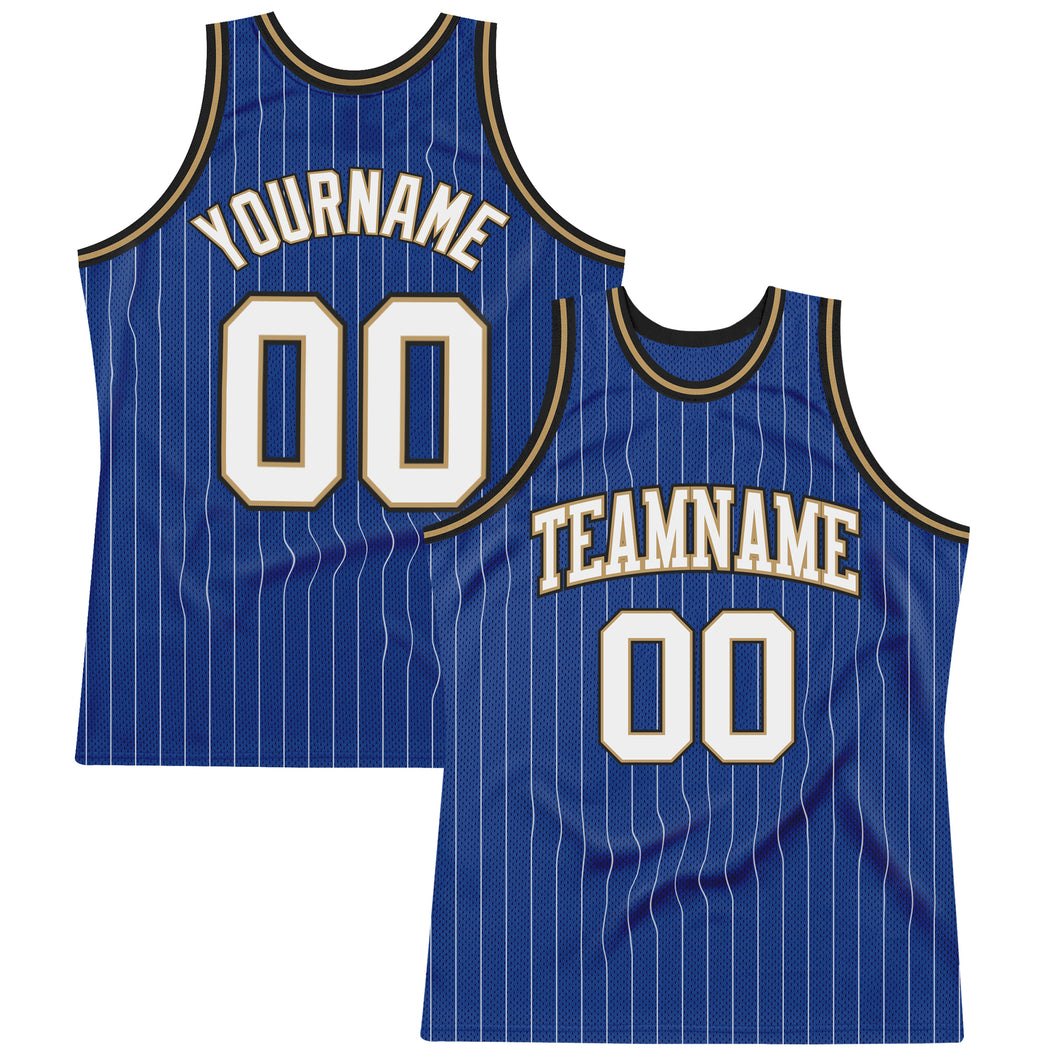 Custom Royal White Pinstripe White Old Gold-Black Authentic Basketball Jersey