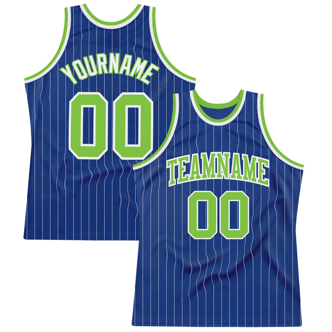 Custom Royal White Pinstripe Neon Green-White Authentic Basketball Jersey