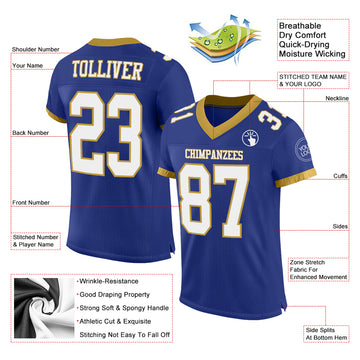 Custom Royal White-Old Gold Mesh Authentic Football Jersey